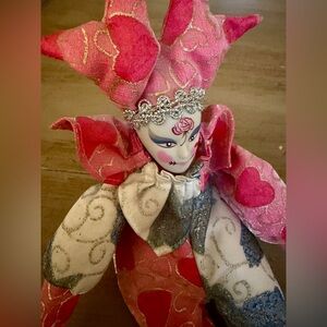 Sugar Loaf Harlequin Jester Clown Doll 9" Tall Pink Blue White Silver Rose